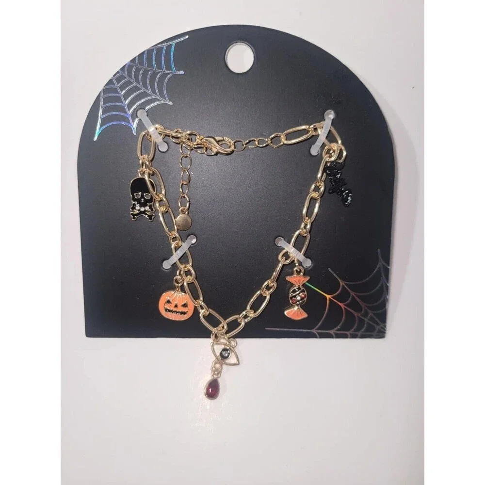 Black Cat, Pumpkin & Mystical Eye, Skull, Halloween Candy Charm Bracelet NEW